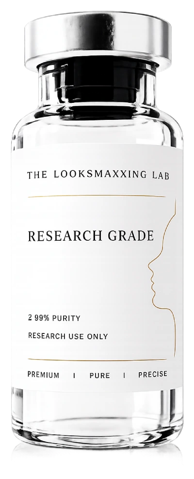 Close-up of lyophilized research peptide vial with focus blur - The Looksmaxxing Lab